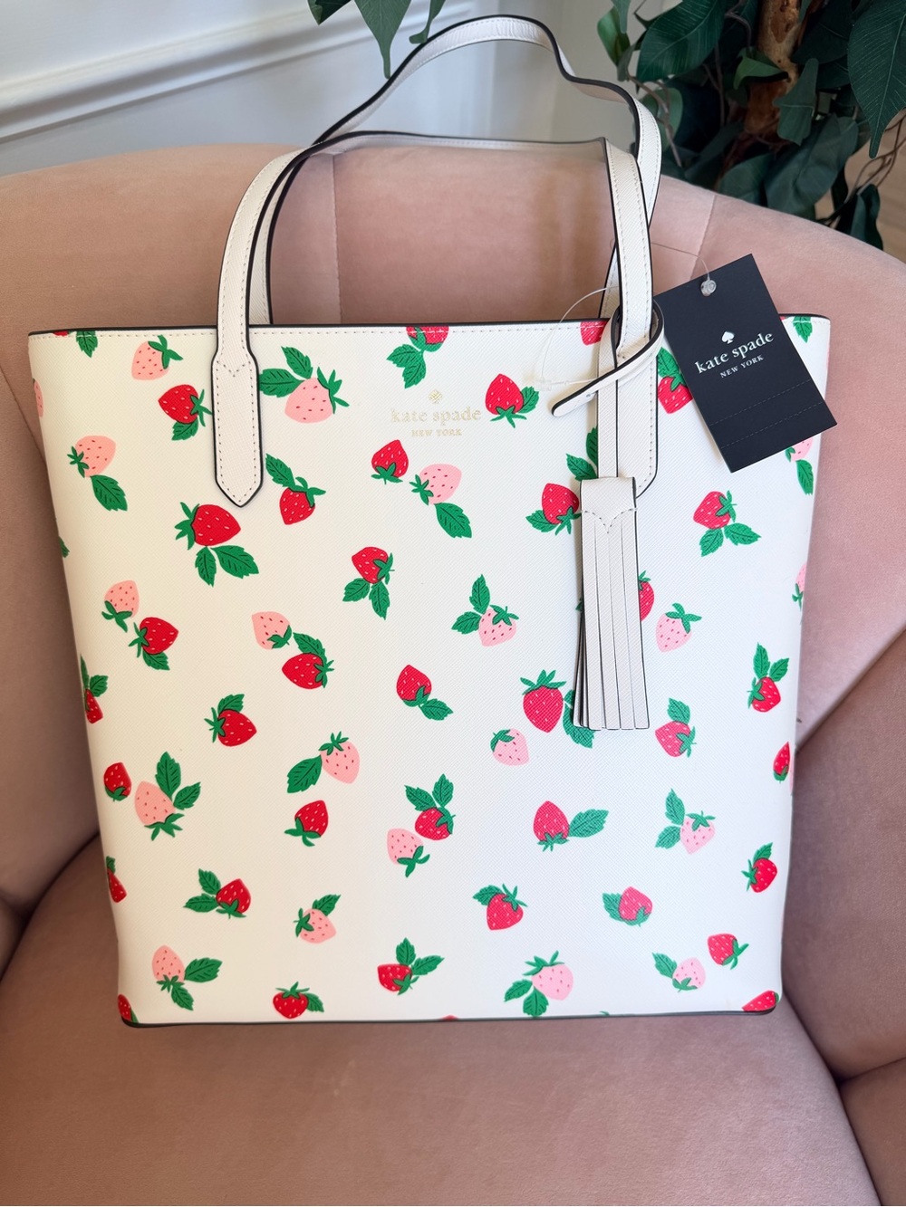 kate spade White Strawberry Print Tote with Tassel Charm